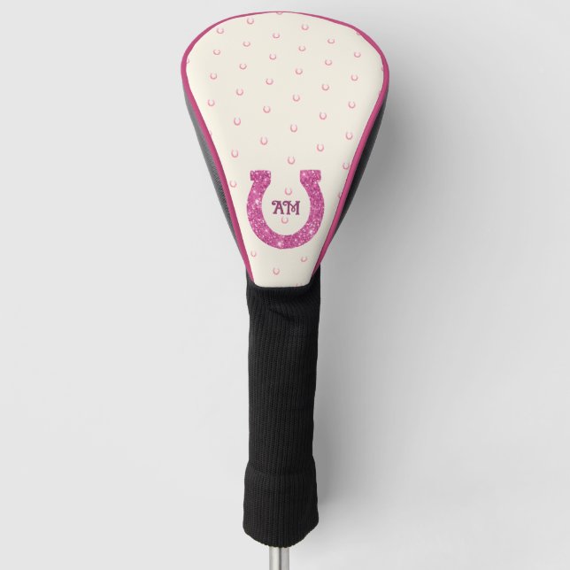 Lucky Pink Glitter Horseshoe with Monogram  Golf Head Cover (Front)