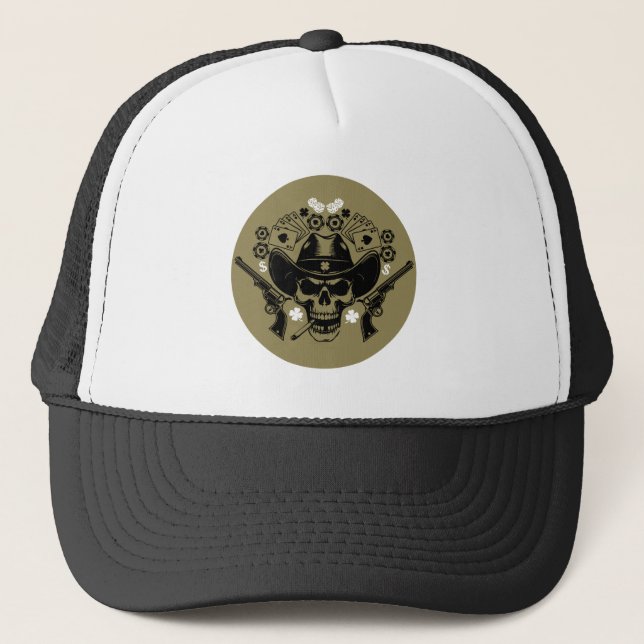 Lucky Poker Skull Trucker Hat (Front)