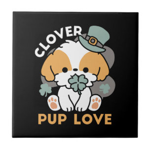 Lucky Pup with Clover – St. Patrick's Day Gift Ceramic Tile