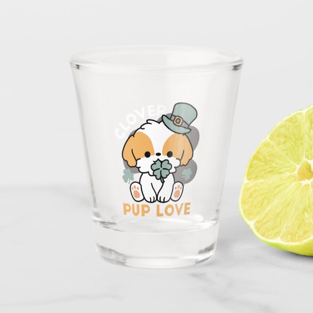 Lucky Pup with Clover – St. Patrick's Day Gift Shot Glass (Front)