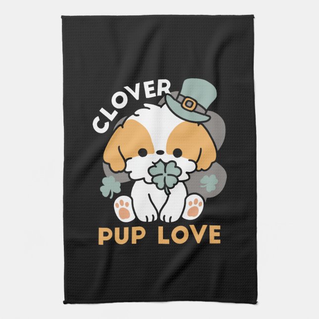 Lucky Pup with Clover – St. Patrick's Day Gift Tea Towel (Vertical)