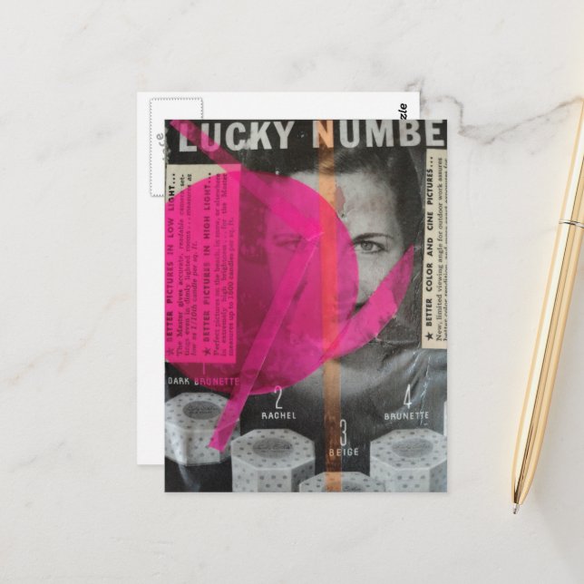 Lucky retro lady Mixed media collage Postcard (Front/Back In Situ)