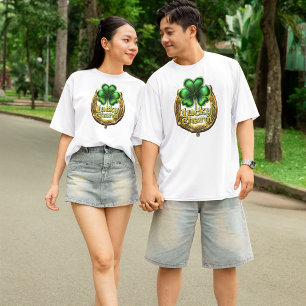 Lucky shamrock celtic horseshoe charm on white T-Shirt