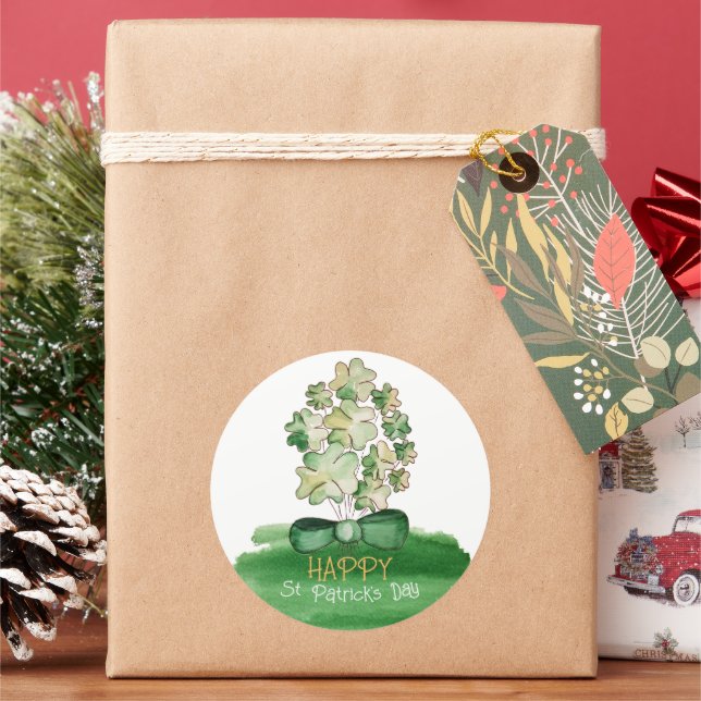 Lucky Shamrock Clover Watercolor Art Classic Round Sticker (Holiday)