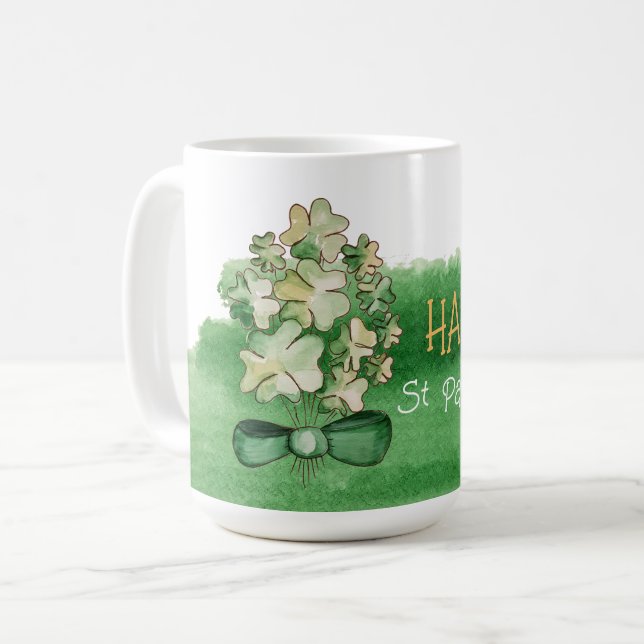 Lucky Shamrock Clover Watercolor Coffee Mug (Front Left)