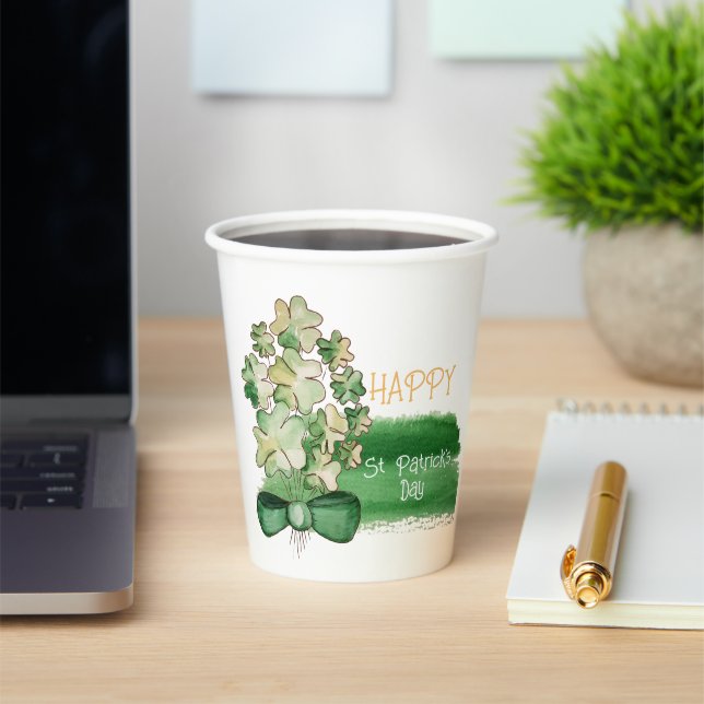 Lucky Shamrock Clover Watercolor Coffee Mug Paper Cups (Insitu)