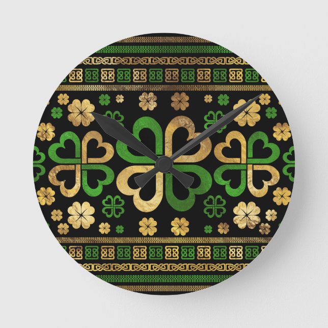Lucky Shamrock Four-leaf Clover Green and Gold Round Clock (Front)