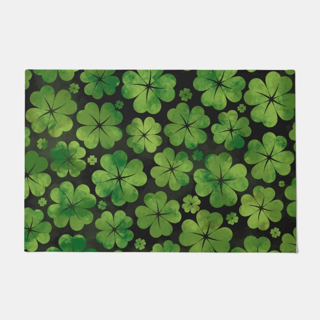 Lucky Shamrock Four-leaf Clover Pattern Watercolor Doormat (Front)