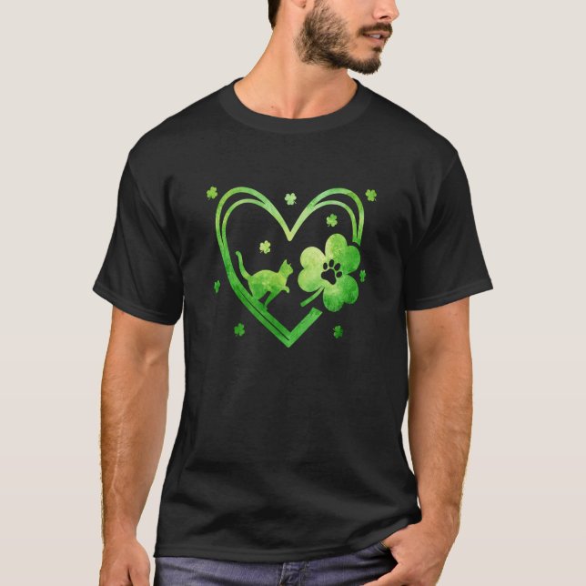 Lucky Shamrock Heart Cat Paw Print For St Paddy's  T-Shirt (Front)