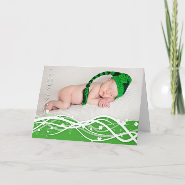 "Lucky" Shamrock Pattern Newborn Photo Card (Front)