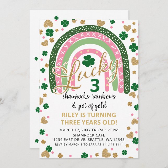 Lucky Shamrock Rainbow St Patrick Girl Birthday  Invitation (Front/Back)