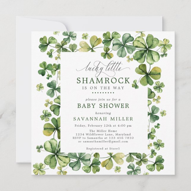 Lucky Shamrock Spring 4 Leaf Clover Baby Shower  Invitation (Front)
