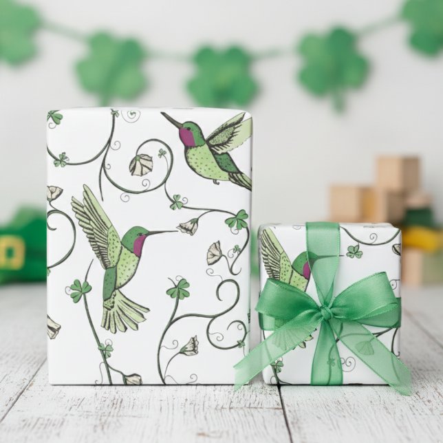 Lucky Shamrock Vine Hummingbird Pattern Wrapping Paper (St Patrick's Day Irish Gift Wrap. Whimsical Floral Hummingbird, Green Clover, Lucky Shamrock Vine)