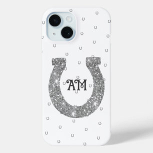 Lucky Silver Glitter Horseshoe Name Initials iPhone 15 Case