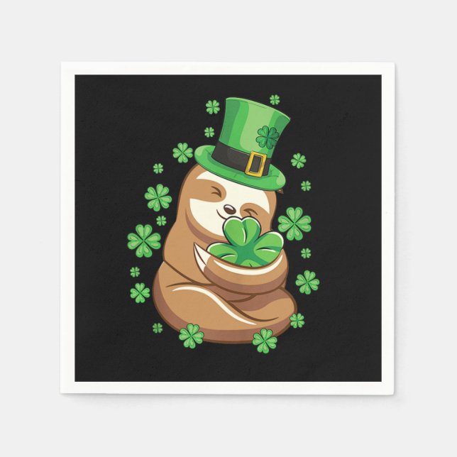 Lucky Sloth St Patricks Day Leprechaun Hat Shamroc Napkin (Front)