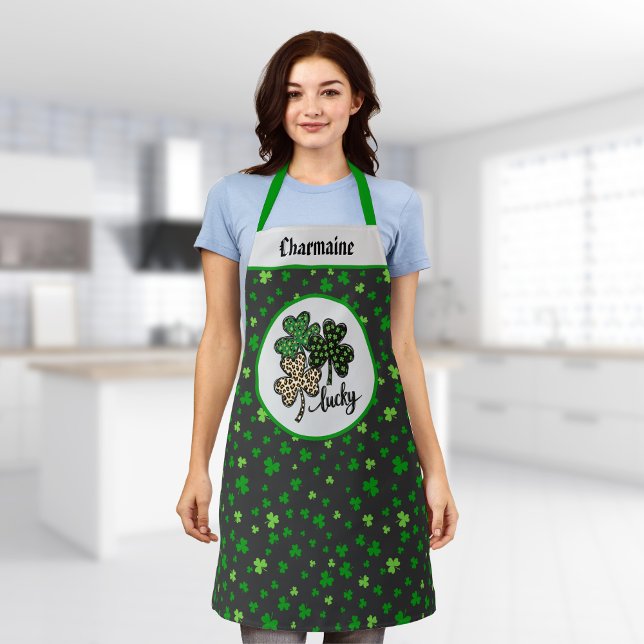 Lucky St Patrick Shamrock Green Black Cat Print   Apron (Creator Uploaded)
