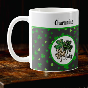 Lucky St Patrick Shamrock Green Black Cat Print   Coffee Mug