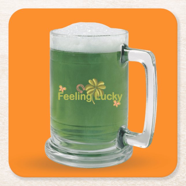 Lucky St. Patrick's Day Green Beer Square Paper Coaster (Front)