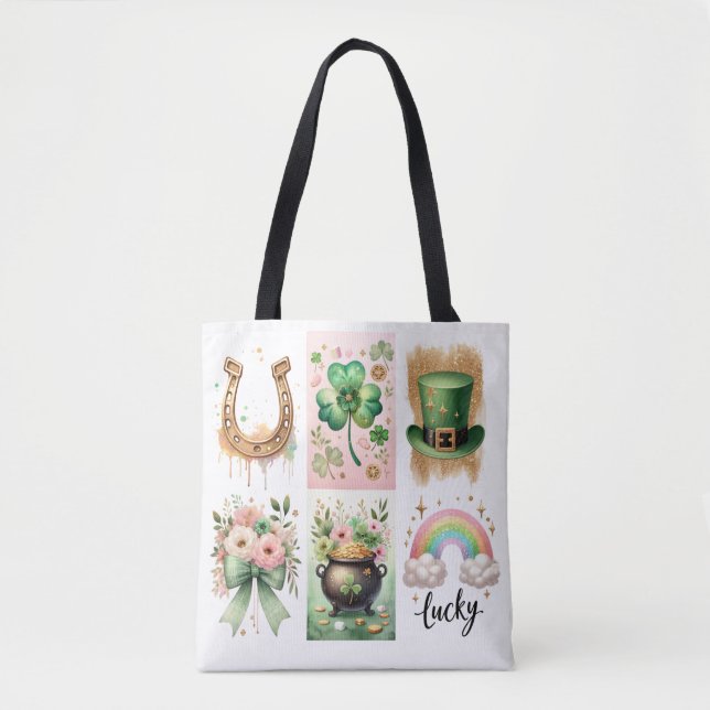 Lucky Symbols Brushstroke, Irish St. Patrick's Day Tote Bag (Front)