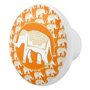 Lucky Thai White Elephant Orange Ceramic Knob