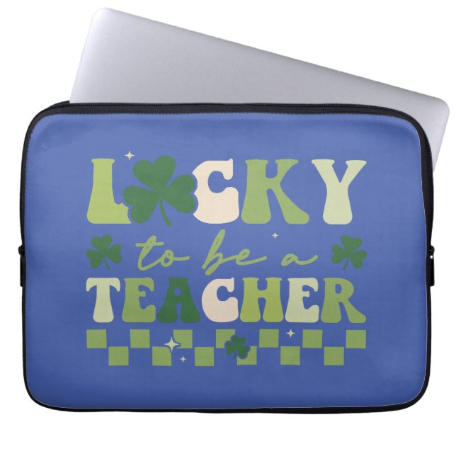 Lucky To Be Teacher Groovy Retro St Patrick's Day Laptop Sleeve (Front)
