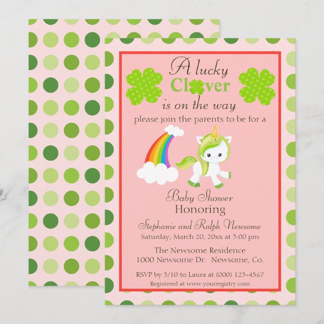 Lucky Unicorn St. Patrick's theme baby girl shower Invitation (Front/Back)