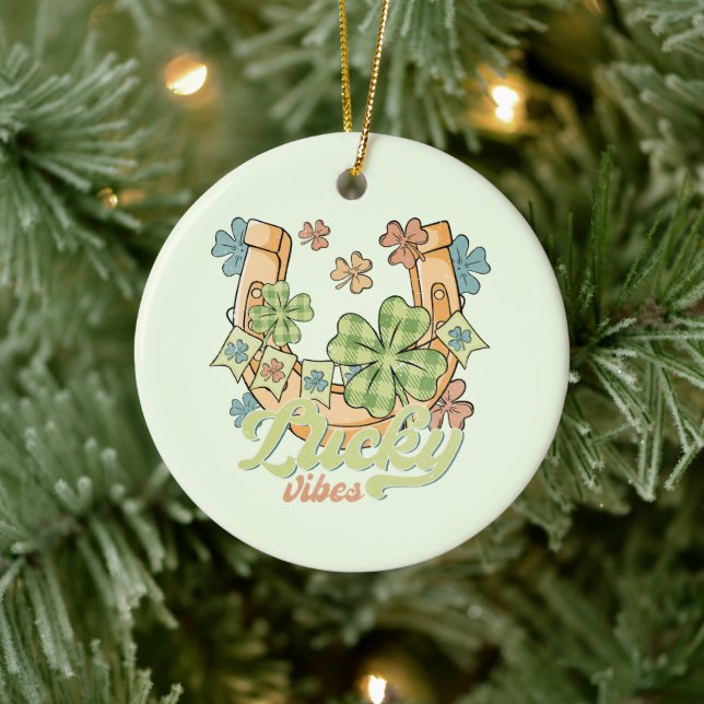 Lucky Vibes - Colorful Clovers & Golden Horseshoe Ceramic Ornament (Tree)