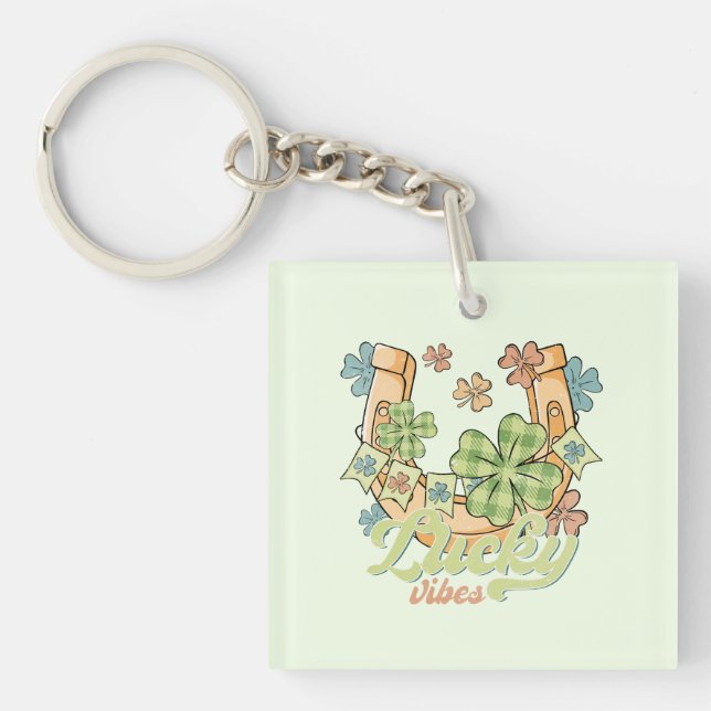Lucky Vibes - Colourful Clovers & Golden Horseshoe Key Ring (Front)