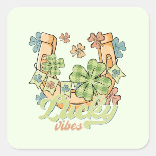 Lucky Vibes - Colourful Clovers & Golden Horseshoe Square Sticker