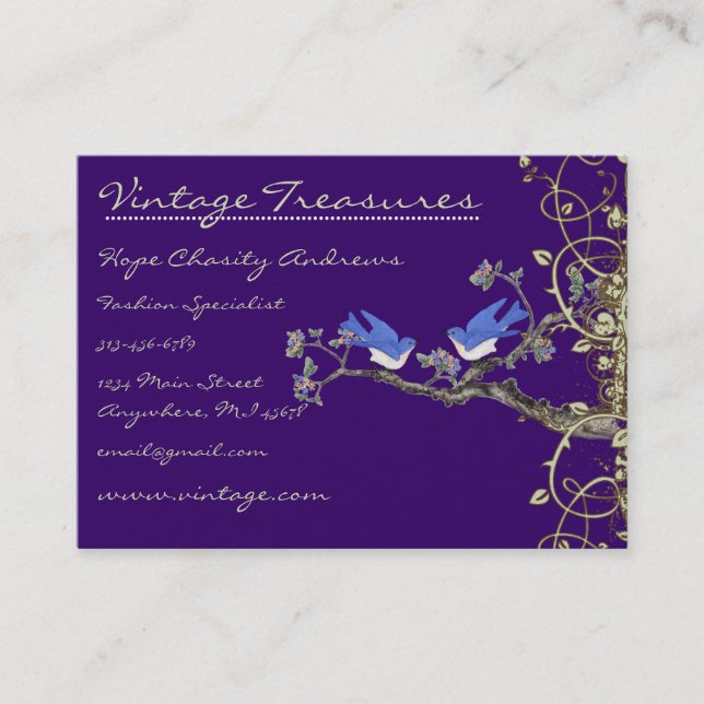 Lucky Vintage Bluebirds Swirl Design Business Card (Front)