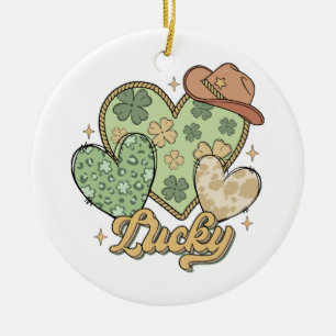 Lucky Western St Patricks Day Heart Shamrock Irish Ceramic Ornament