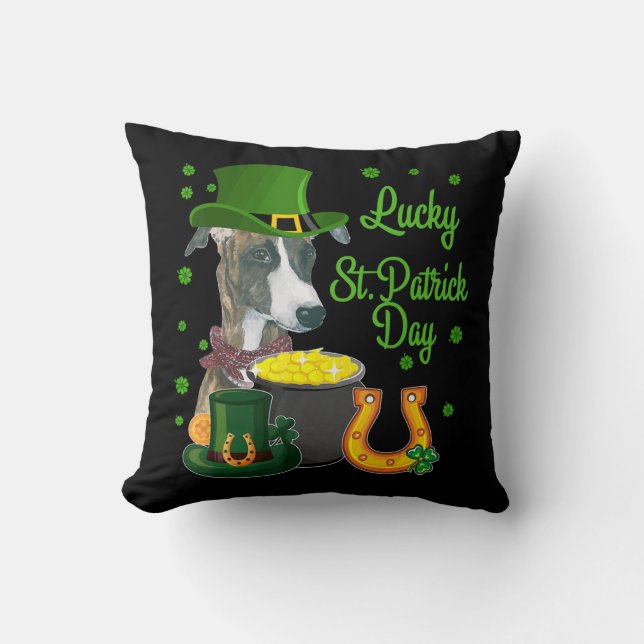 Lucky Whippet Dog Shamrock St Patricks Day Cushion (Front)