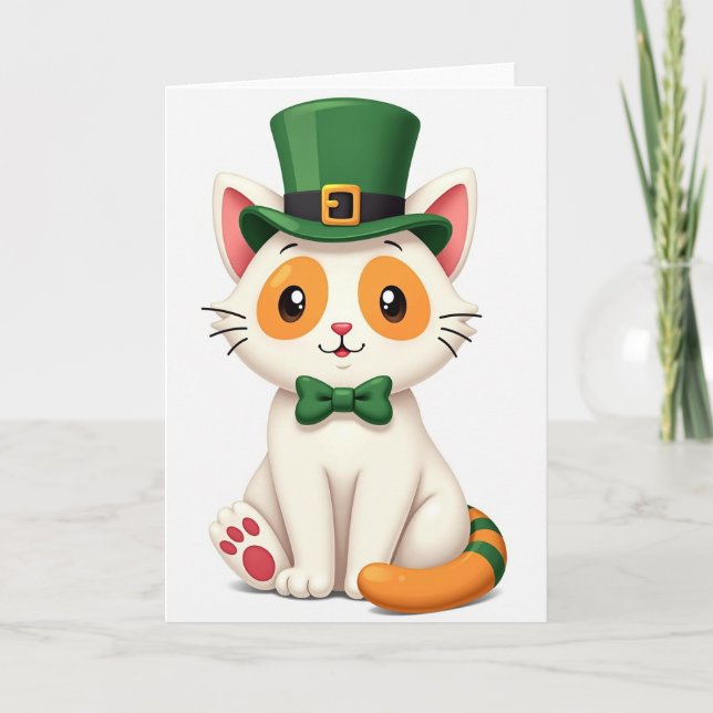 Lucky White Cat St Patricks Day Card (Front)