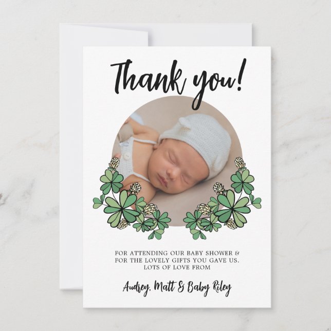 Lucky White Clovers Photo Baby Shower Thank You Card (Front)