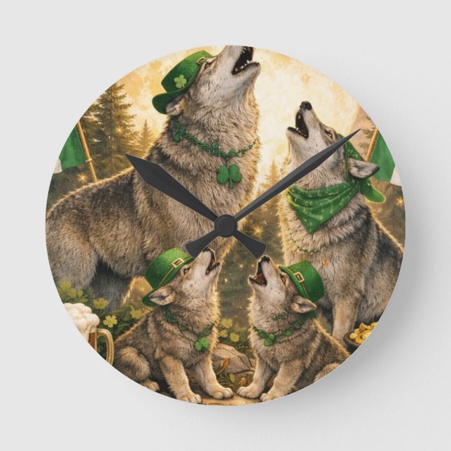 Lucky Wolf Pack – St. Patrick’s Day Family Howling Round Clock (Front)