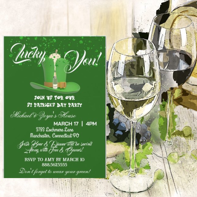 Lucky You Champagne Hat Saint Patricks Day Green  Invitation (Creator Uploaded)