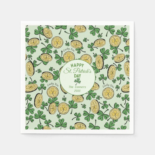 Lucky You Coins & Green Shamrocks St Patricks Day Napkin (Front)