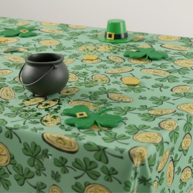 Lucky You Coins & Green Shamrocks St Patricks Day Tablecloth (Irish Green Shamrock and Lucky Gold Coin Pattern St Patrick's Day Shamrock Tablecloths. )