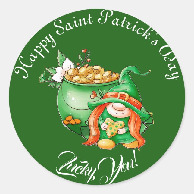 Lucky You Gnome Saint Patrick's Day Pot Of Gold  Classic Round Sticker (Front)