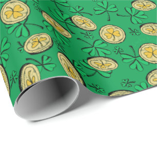 Lucky You Green Clover Gold Coins St Patrick's Day Wrapping Paper