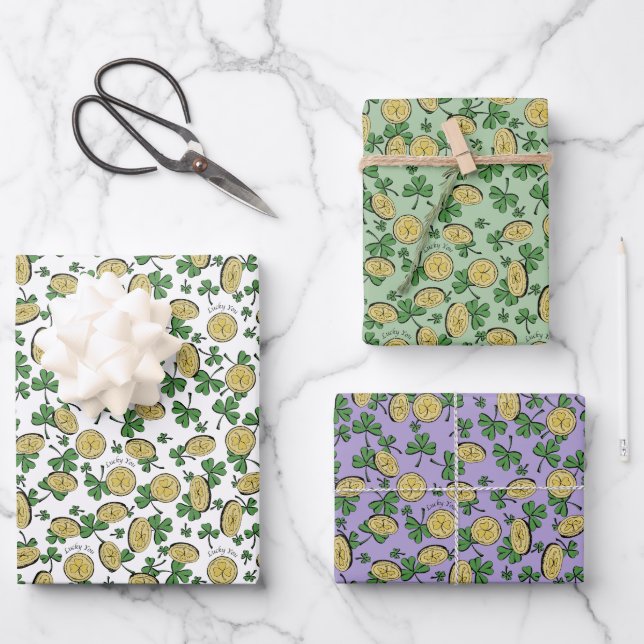 Lucky You St Patricks Day Shamrock Coins Clovers  Wrapping Paper Sheet (Front)