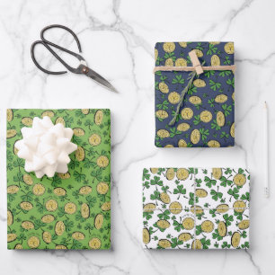 Lucky You St Patricks Day Shamrock Coins Clovers Wrapping Paper Sheet