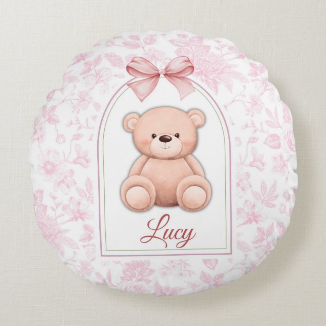 Lucy | Custom Pink Teddy Bear Nursery Design  Round Cushion (Front)