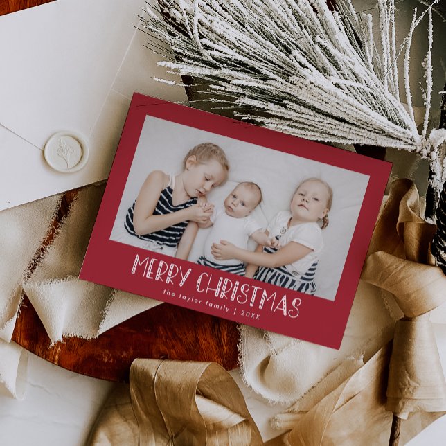 LUCY Dark Red Family Photo Festive Merry Christmas Holiday Card (LUCY Dark Red Family Photo Festive Merry Christmas Holiday Card)