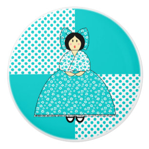 Lucy Doll With Aqua Polka Dot Background Ceramic Knob
