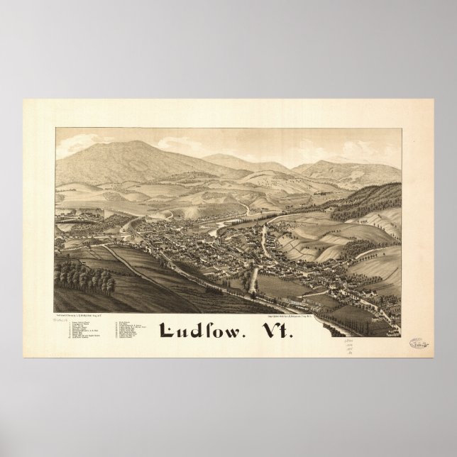 Ludlow Vermont 1885 Antique Panoramic Map Poster (Front)