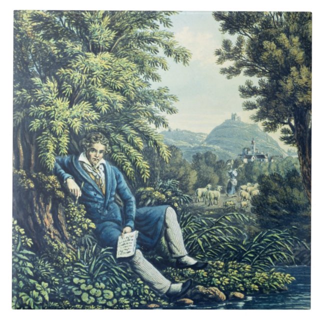 Ludwig van Beethoven by a River (coloured engravin Ceramic Tile (Front)