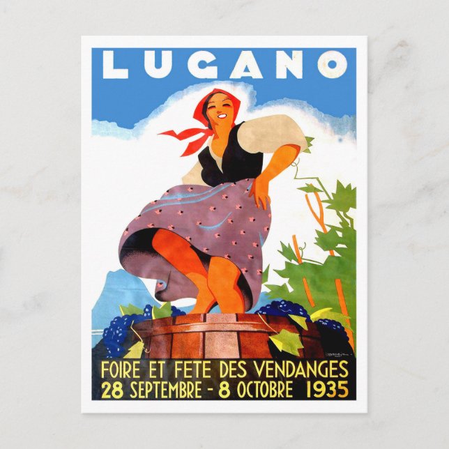 Lugano, Italy, girl is making wine, vintage Postcard (Front)