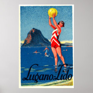 Lugano lake, beach, girl with beach ball, vintage poster