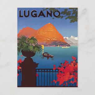 Lugano lake, view from the hotel terrace, vintage postcard
